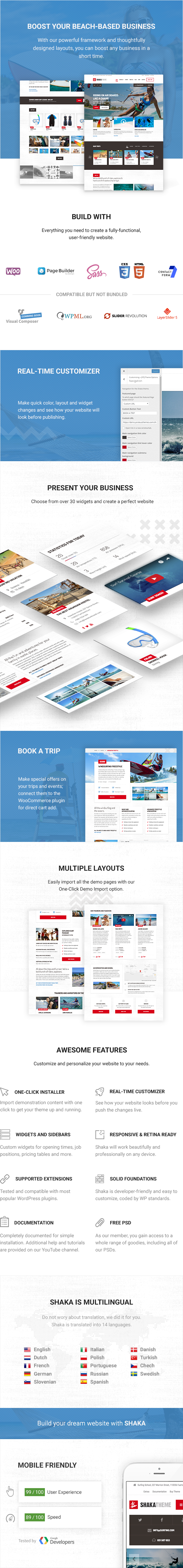 WordPress theme Shaka - A beach business WordPress theme for water sport and activity schools. Surf, kayak and more. (Travel)